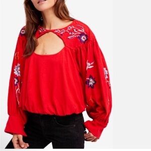 Free People Red Embroidered Blouse